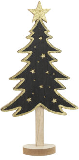 Kerstdecoratie houten decoratie kerstboom zwart met gouden sterren B18 x H36 cm - Houten kerstbomen