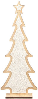 Kerstdecoratie houten kerstboom glitter wit 35,5 cm - Houten kerstbomen