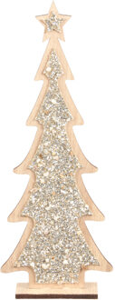 Kerstdecoratie houten kerstboom glitter zilver 35,5 cm decoratie kerstbomen