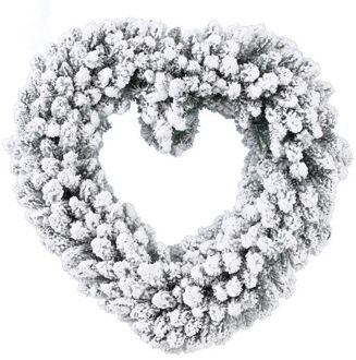 Kerstdecoratie kerstkrans hart met nepsneeuw 50 cm - Kerstkransen Wit