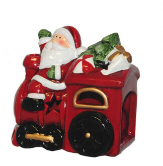 Kerstdecoratie theelichthouder Kerstman met trein Rood
