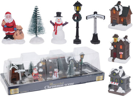 Kerstdorp accessoires - miniatuur figuurtjes en huisjes - 10-delig