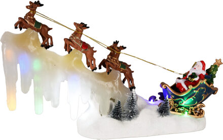 Kerstdorp figuur/kerstbeeldje - kerstman in slee - met verlichting - 33 x 8,5 x 21 cm Multi