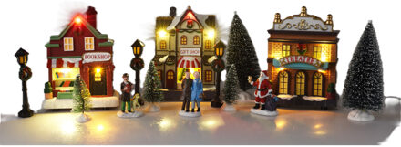 Kerstdorp huisjes set - met accessoires - 14-delig - met LED verlichting - RGB - batterij