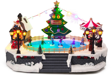 Kerstdorp kerst tafereel - schaatsbaan - met led verlichting - 57 cm - schaatsende kinderen