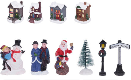 Kerstdorp met accessoires - miniatuur figuurtjes en huisjes - 14-delig