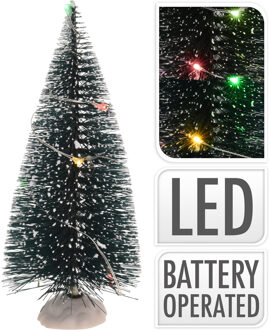 Kerstdorp onderdelen 2x kerstbomen met gekleurde LED verlichting 15 cm