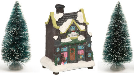 Kerstdorp verlicht kersthuisje speelgoedwinkel 12 cm inclusief 2 kerstboompjes
