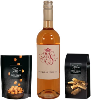 Kerstgeschenk rosé-wijn-kaaskoekjes-borrelnootjes