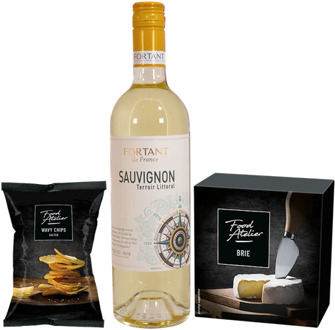 Kerstgeschenk Witte wijn - brie - chips