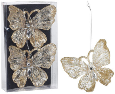 Kersthanger - 2x - vlinders - champagne/goud - 15 cm?- kerstversiering