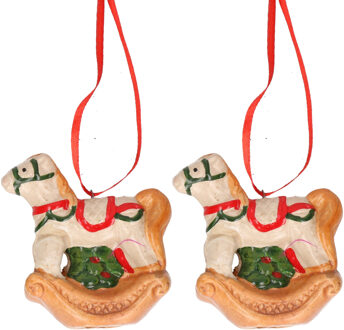 Kersthanger hobbelpaard - 4x - rood - 8 cm - keramiek - kerstornament - kerstboomversiering