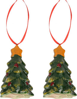 Kersthanger kerstboom - 4x - rood - 8 cm - keramiek - kerstornament - kerstboomversiering