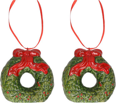 Kersthanger kerstkrans - 4x - rood - 8 cm - keramiek - kerstornament - kerstboomversiering
