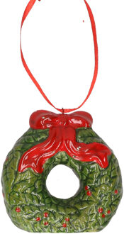 Kersthanger kerstkrans - rood - 8 cm - keramiek - kerstornament - kerstboomversiering
