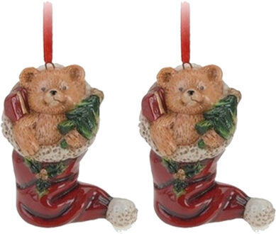 Kersthanger kerstmuts met beertje - 6x - rood - 8 cm - keramiek - kerstornament - kerstboomversierin