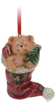 Kersthanger kerstmuts met beertje - rood - 8 cm - keramiek - kerstornament - kerstboomversiering Multi