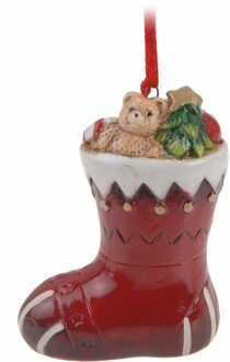 Kersthanger kerstsok met beer - rood - 8 cm - keramiek - kerstornament - kerstboomversiering Multi