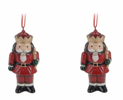 Kersthanger notenkraker - 2x - rood - 8 cm - keramiek - kerstornament - kerstboomversiering Multi