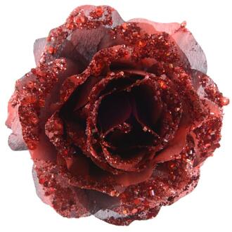 Kersthanger op clip - roos - donkerrood - bloem - glitter - 14 cm - Kunstbloemen