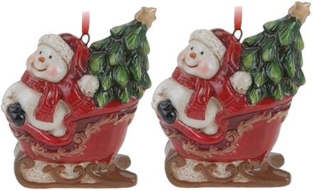 Kersthanger sneeuwpop in slee - 4x - rood - 8 cm - keramiek - kerstornament - kerstboomversiering