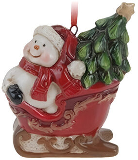 Kersthanger sneeuwpop in slee - rood - 8 cm - keramiek - kerstornament - kerstboomversiering