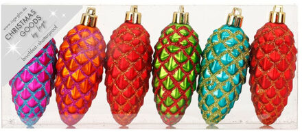 Kersthangers - 6x - dennenappels - gekleurd - 9 cm - kerstornamenten Multi