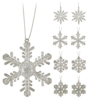 Kersthangers - 8 ST - sneeuwvlokken - zilverkleurig - glitter - 10 cm - Kersthangers