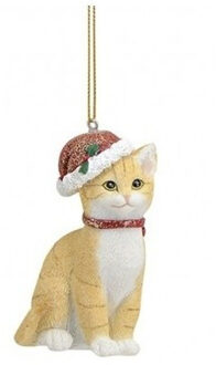 Kersthangers beige katten met kerstmuts 9 cm kerstversiering - Kersthangers