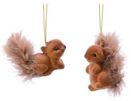 Kersthangers eekhoorns - 4x st - bruin - 6 cm - polyester - kerstboomversiering - ornamenten
