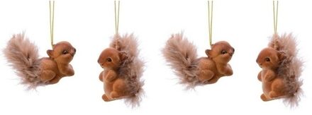 Kersthangers eekhoorns - 4x st - bruin - 6 cm - polyester - kerstboomversiering - ornamenten