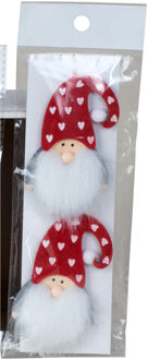 Kersthangers - gnomes/kabouters - 2x st- hartjes muts - vilt -7 cm Rood