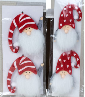 Kersthangers - gnomes/kabouters - 4x st- vilt -7 cm - kerstornamenten - Kersthangers Rood