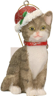 Kersthangers grijze katten met kerstmuts 9 cm kerstversiering - Kersthangers Grijs