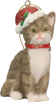 Kersthangers grijze katten met kerstmuts 9 cm kerstversiering