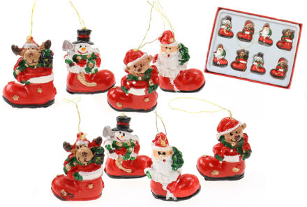 Kersthangers -kerst figuren in laars - 8x - kunststof - 3,5 cm - Kersthangers Rood