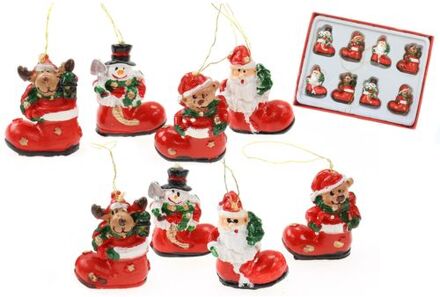 Kersthangers -kerst figuren in laars -8x stuks - kunststof - 3,5 cm - Kersthangers Rood