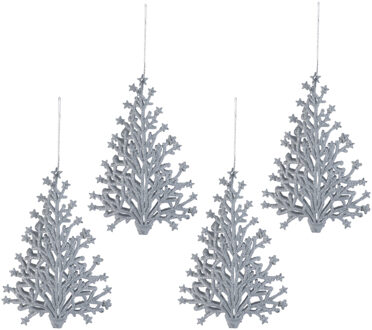 Kersthangers kerstboom - 4x - zilver glitters - 15 cm - kunststof - ornamenten - kerstversiering
