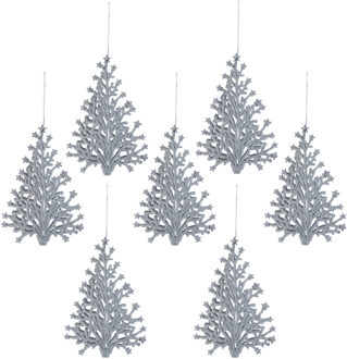 Kersthangers kerstboom - 6x - zilver glitters - 15 cm - kunststof - ornamenten - kerstversiering