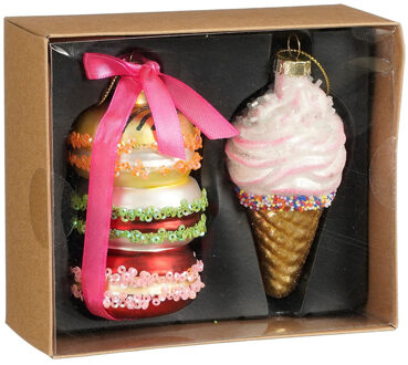 Kersthangers macaron en ijsje - 2x - glas - Kersthangers Roze