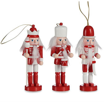 Kersthangers notenkrakers poppetjes - 3x st- rood/wit 12,5 cm - hout