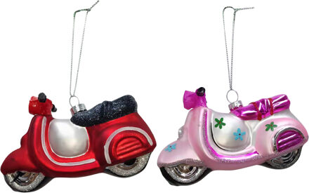 Kersthangers scooters - 2x st - roze en rood - 11,5 cm - glas - kerstornamenten
