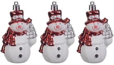 Kersthangers sneeuwpoppen - 3x st - 8 cm - kunststof - kerstornamenten Rood