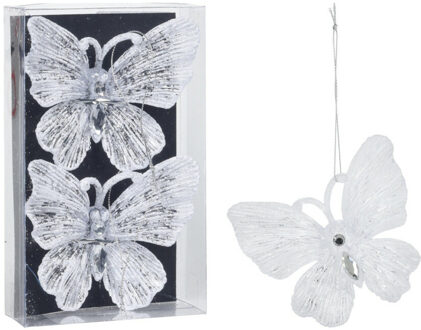 Kersthangers vlinders -2x-transparant met wit glitter -15cm -kunststof