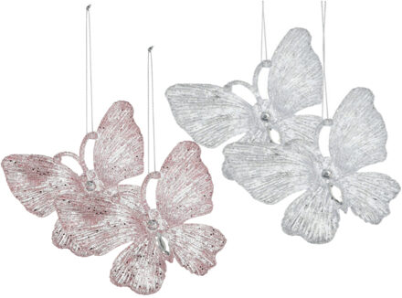 Kersthangers vlinders - 4x st - transparant en roze - 15 cm - kunststof