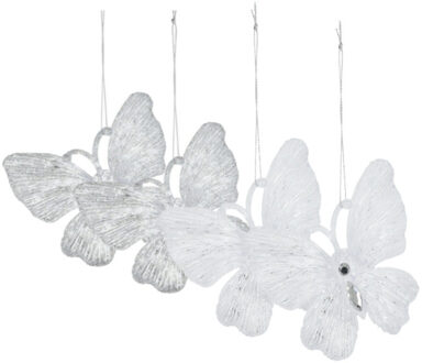 Kersthangers vlinders - 4x st - transparant en wit - 15 cm - kunststof