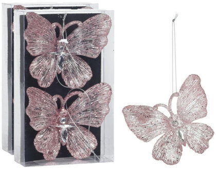 Kersthangers vlinders - 4x -transparant met roze glitter -15cm -kunststof
