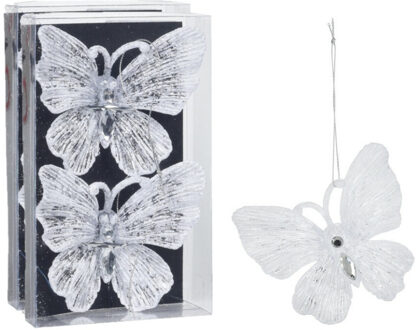 Kersthangers vlinders - 4x -transparant met wit glitter -15cm -kunststof