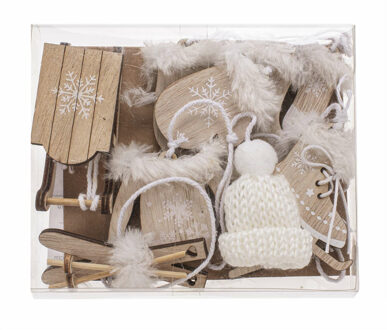 kersthangers winter - 10x - bruin/wit - hout
