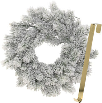Kerstkrans 35 cm - groen - besneeuwd - met gouden hanger/ophanghaak - kerstversiering